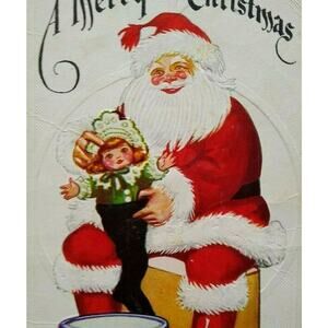 Santa Claus With Doll Toys Christmas Postcard Vintage Embossed Original Unused